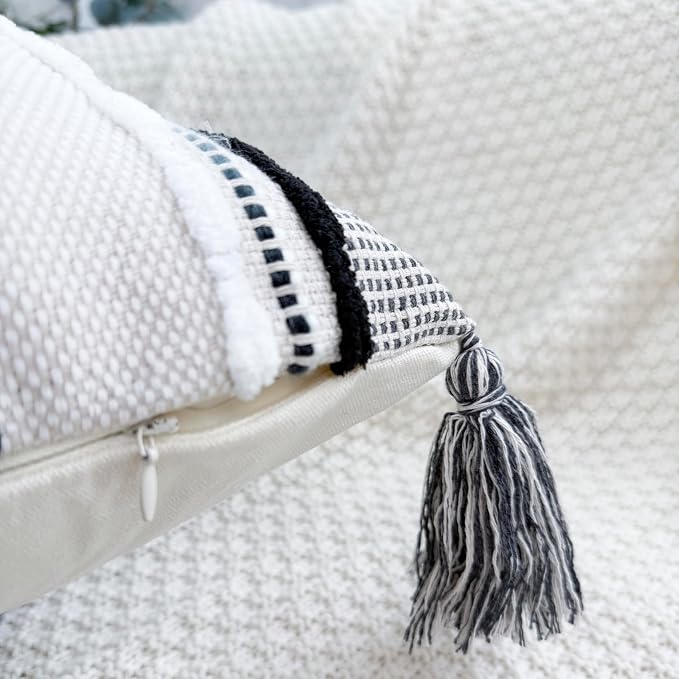 NUYECY Chenille and Cotton Long Pillow for Bed, Striped Textured Boho Lumbar Throw Pillow Cover 14x36, Neutral Accent Decorative Extra Long Body Pillow Case for Couch, Sofa, Bedroom, Black and White