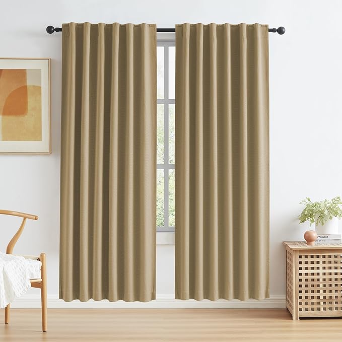 KEQIAOSUOCAI Burlap Linen Blackout Curtains 72 Inches Long, Back Tab Rod Pocket Hook Belt Natural Farmhouse Rustic Curtain Panels for French Door, 2 Panels,Camel, W50 x L72