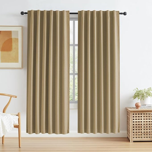 KEQIAOSUOCAI Burlap Linen Blackout Curtains 72 Inches Long, Back Tab Rod Pocket Hook Belt Natural Farmhouse Rustic Curtain Panels for French Door, 2 Panels,Camel, W50 x L72