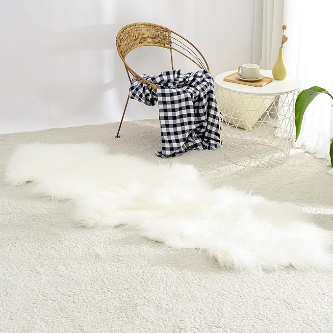 100% Genuine Sheepskin Area Rug Real Lightweight Fluffy Soft Mongolian Long Wool Fur Carpet for Couch Bed Sofa Bedroom Living Room White 2x5ft