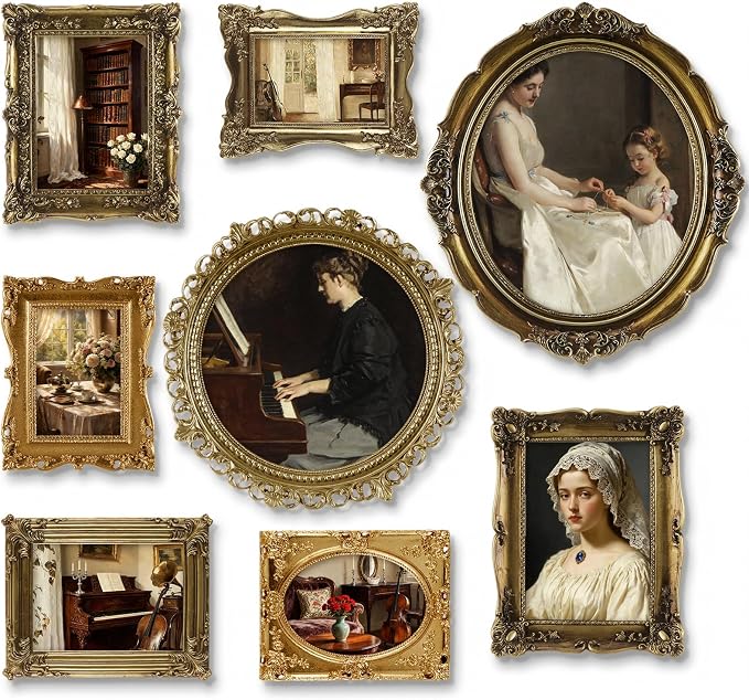 8 Pcs Vintage Picture Frames Set for Gallery Wall, Gold Bronze Ornate Antique Resin Photo Frame Collage Including Round, Oval, Rectangle Shapes in 10x12, 10x10, 5x7 & 4x6 for Wall and Tabletop Display