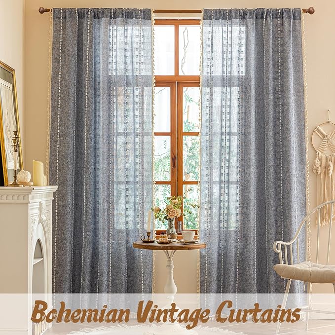 Boho Sheer Blue Curtains 84 inches Long 2 Panels for Living Room Bedroom,Farmhouse, Bohemian Beige Tassels Country Light Filtering Curtains Shabby Chic Embroidery Striped Draps Back Tab, 50" W