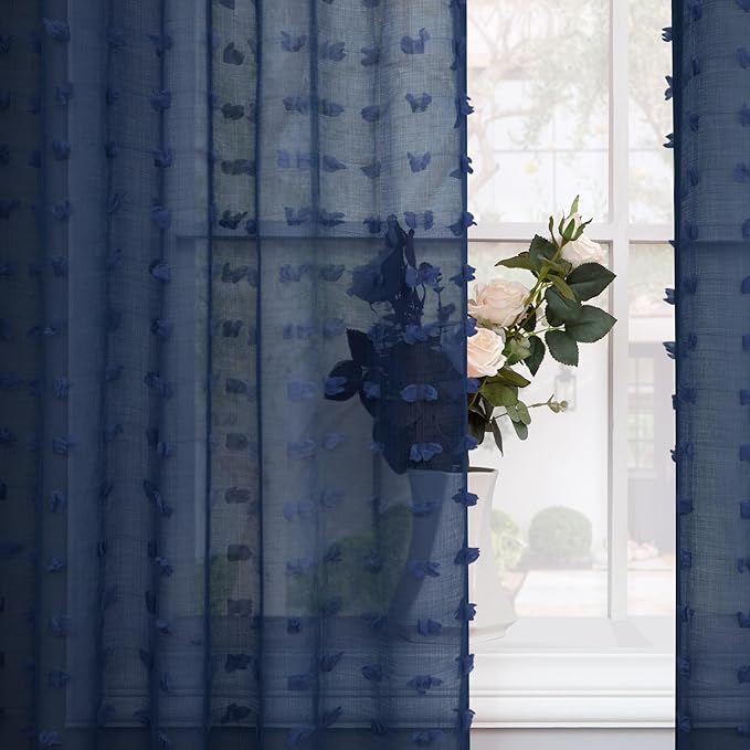 Navy Blue Boho Sheer Curtains 63 Inch Length for Nursery Boys Bedroom Cute Sheer Pom Pom Curtain for Farmhouse Window Decor Navy Indigo Blue Voile Drapes for Living Room Back Tab 2 Panels Set 52x63