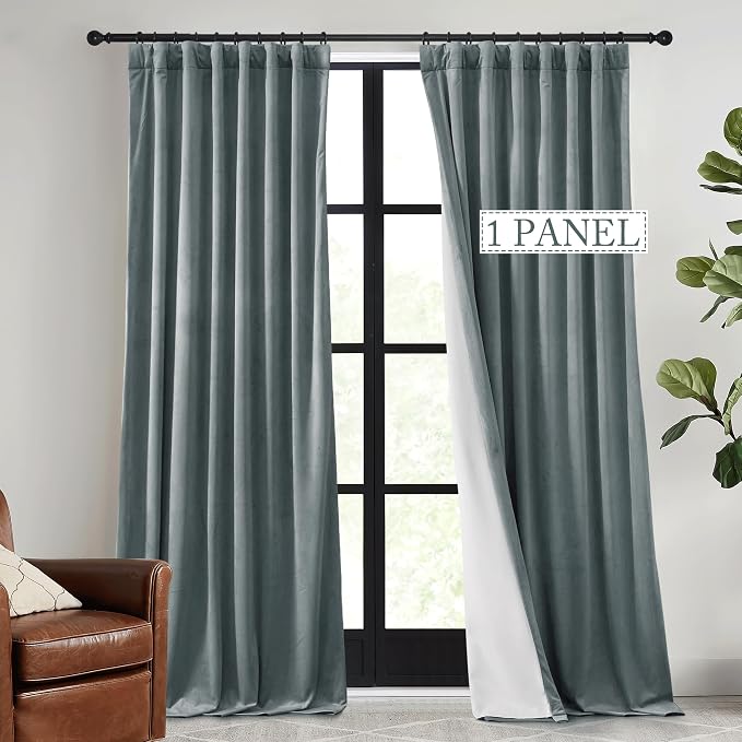 RYB HOME Blue Velvet Curtains 96 inch, Solid 2 Layers Blackout Window Curtains for Living Room Light & Draft Block Privacy Backdrop with Pleat Tape, Stone Blue, W48 x L96 inch, 1 Panel