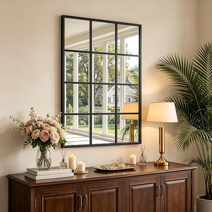 Dewfig Rectangle Window Mirror Wall Mounted, 30"x47"in Window Pane Mirror Wall Decor Metal Framed, Large Black Mirrors for Bedroom Living Room Fireplace Entryway Hanging or Leaning Against Wall,Black