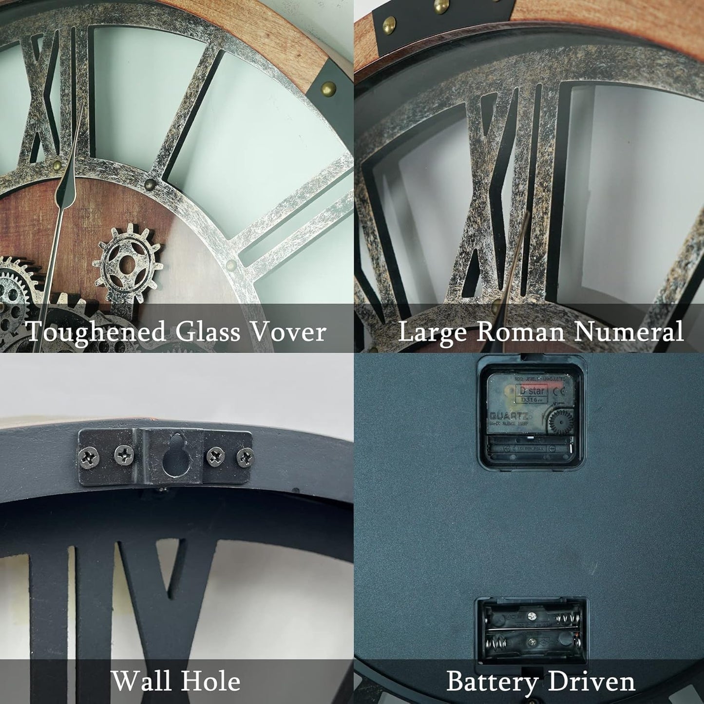 24 Inch Moving Gear Wall Clock, Oversized Wall Clocks, Clock Living Room Decor, Solid Wood Frame, Battery Operated, Large Wall Clock with Steampunk Industrial for Fireplace(Brown)