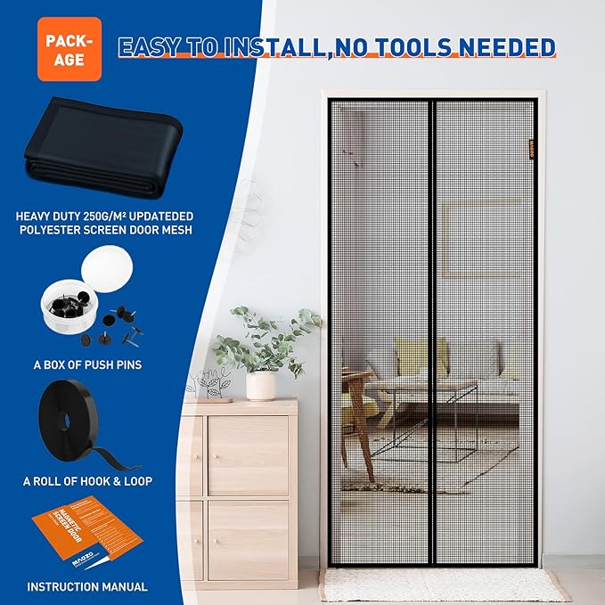 MAGZO Upgraded Magnetic Screen Door Thicker 250g/m² Pet Screen Door Mesh Fit Door Size 32 x 80 Inch, Mesh Size 34" x 81", Heavy Duty Cat Resistant Mesh for Front/Back/Sliding/Patio Door