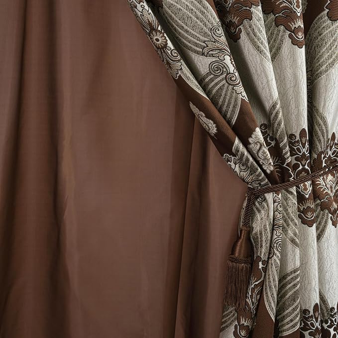 Petrichor Elegant Curtains with Gold Silver Threads 2 Panels Set - Luxury Window Treatment Attached Valance, Sheer Backing, and 2 Tie Backs for Bedroom and Living Room, 54x84 inches,Coffee