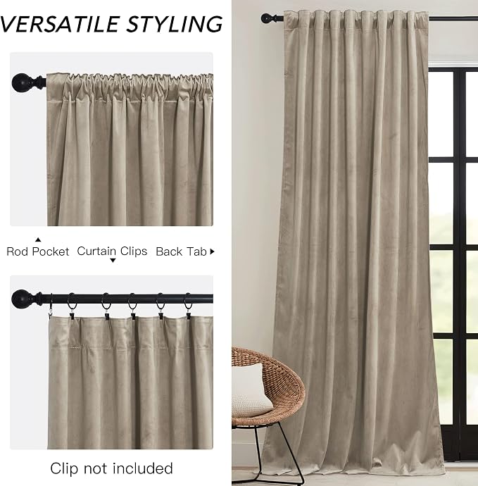 RYB HOME Camel Beige Velvet Curtains 84 inch, Room Darkening Window Curtains with Multiple Hanging Options Heavy Duty Plush Backdrop for Bedroom Guest Room, W52 x L84 inch, 2 Panels