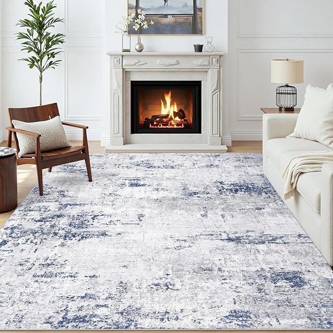 Area Rugs 5x7 Living Room: Large Modern Abstract Washable Rug Soft Anti-Skid Non-Shedding Carpet Indoor Floor Thin Carpets for Bedroom Dining Room Farmhouse Nursery Home Office Night Blue Grey
