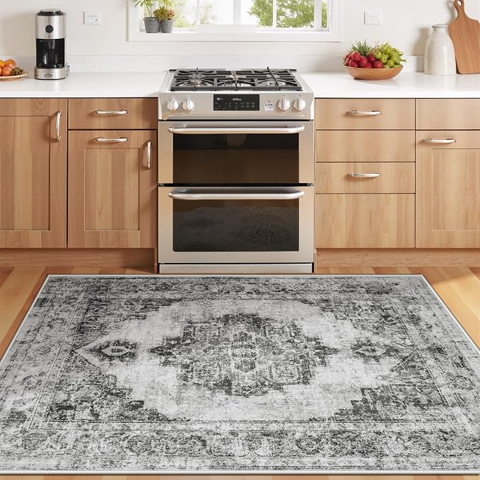 Area Rug 3x5 Vintage Rug: Washable Indoor Medallion Rug Low Pile Distressed Floor Carpet Retro Accent Doormat for Bedroom Bathroom Hallway Kitchen Home Office(Black, 3'x5')