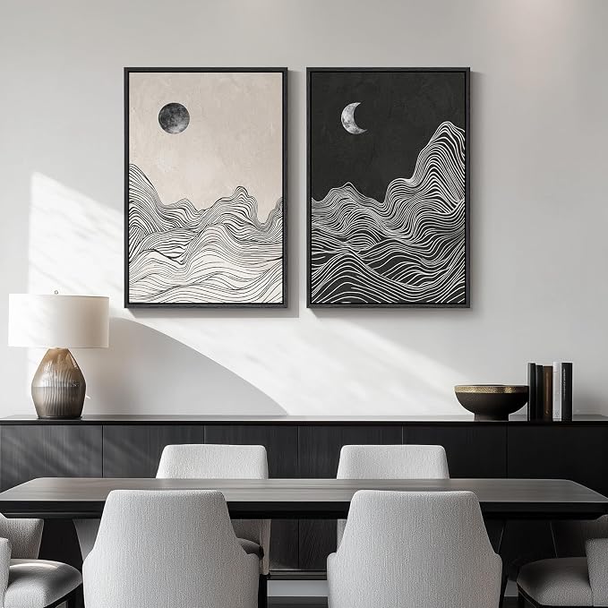 Framed Black and White Abstract Wall Art, 2 Piece Modern Canvas Prints Paintings Artwork for Walls, Abstract Mountain and Moon Pictures for Bedroom, Living Room, Dining Room Wall Decor 16x24 In