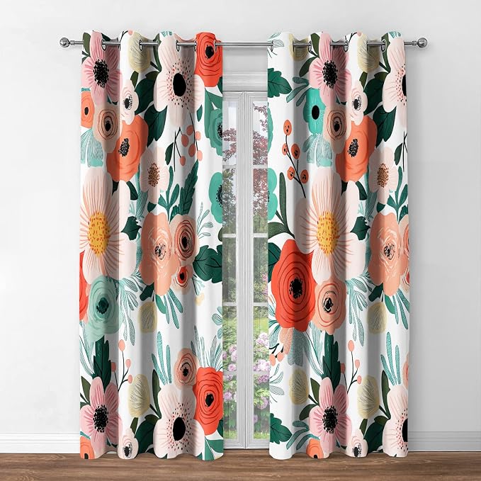 Jekeno Floral Blackout Curtains Colorful Flowers Green Leaves Decor Home Bedroom Living Room Darkening Grommet Window Drapes 2 Panel Set, 52"x63"