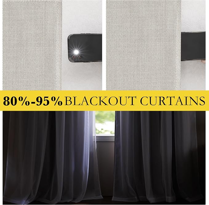 NICETOWN Dual Layers Grommet Top Mix and Match Faux Linen Curtains with White Sheer Voile for Living Room Bedroom, Kids Curtains for Nursery, 52x84 Inch Long, Set of 2 Panels, Angora