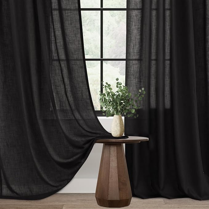 Black Linen Curtains 90 Inches Long for Bedroom Back Tab Light Filtering Privacy Semi Sheer Curtains Living Room Boho Rustic Farmhouse Cotton Textured Gauze Curtain 2 Panel Set 52x90