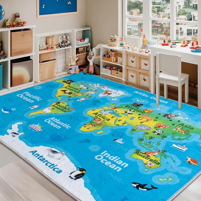 Kids Playroom Rug, 5x7ft World Map Rugs with Cute Animals, Washable Durable Soft Carpet Kid Educational Rugs for Boys Girls Bedroom Nursery Classroom