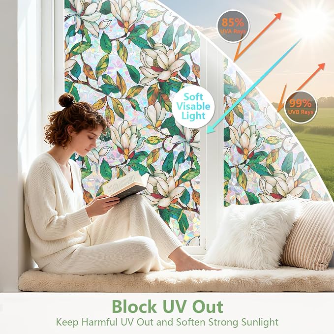 Kromapolis Window Privacy Film, Stained Glass Sticker Floral Window Clings, Decorative Static Clings UV Blocking Colorful Decals, Removable Vinyl Covering White Magnolia Flowers, 29.5'' x 78.7''