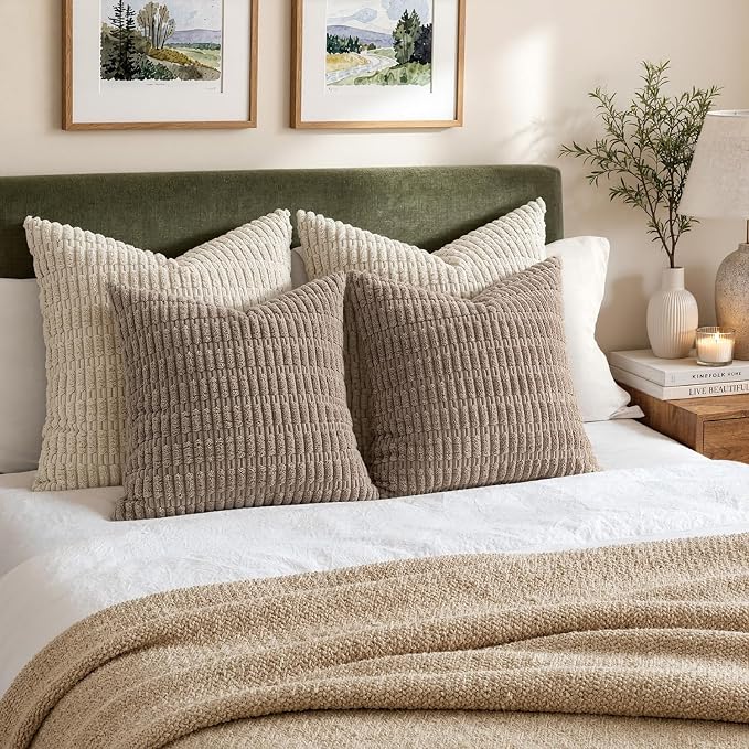 MIULEE Pack of 2 Corduroy Decorative Throw Pillow Covers 20x20 Inch Soft Boho Striped Pillow Covers Modern Farmhouse Home Decor for Sofa Living Room Couch Bed Light Brown