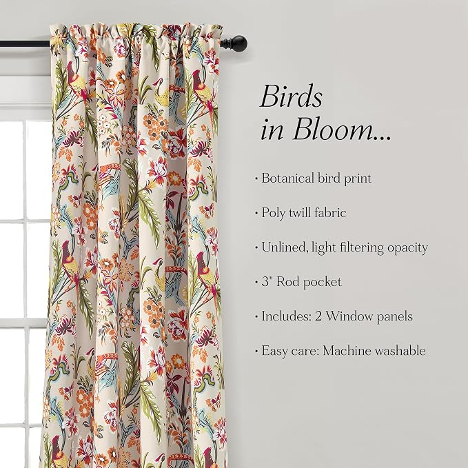 Lush Decor Dolores Light Filtering Window Panels, Pair, 52" W x 84" L, Neutral & Multi - Floral Curtains for Bedroom - Vintage Curtains - Coquette Room Decor