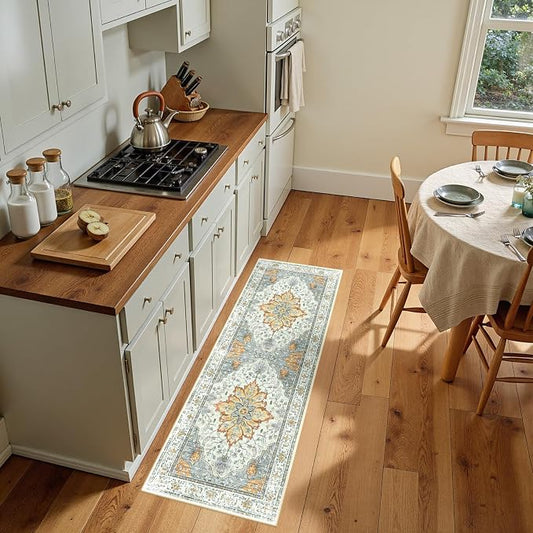 RELEANY Area Rugs Runner 2'x5' Washable Non-Slip, Floral Vintage Distress Medallion Carpet for Kitchen Hallway Bedroom Beside Laundry Room Bathroom, Beige Carbon Grey Orange