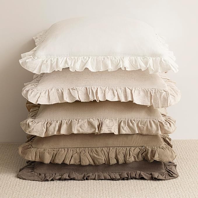 Foindtower Set of 2 Decorative Soild Fringe Ruffle Throw Pillow Covers Soft Boho Farmhouse Cushion Cover Cozy Accent Retro Pillowcase for Couch Sofa Bed Living Room Home Decor,22×22 Inch,Light Brown