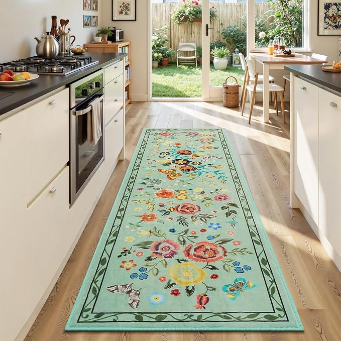 Rugflix 2x6 Runner Rug for Hallway, Washable Kitchen Runner Non Slip, Soft Low Pile Entryway Carpet, Vintage Floral Stain Resistant Long Laundry Room Rugs for Bedroom, Stairs, Green