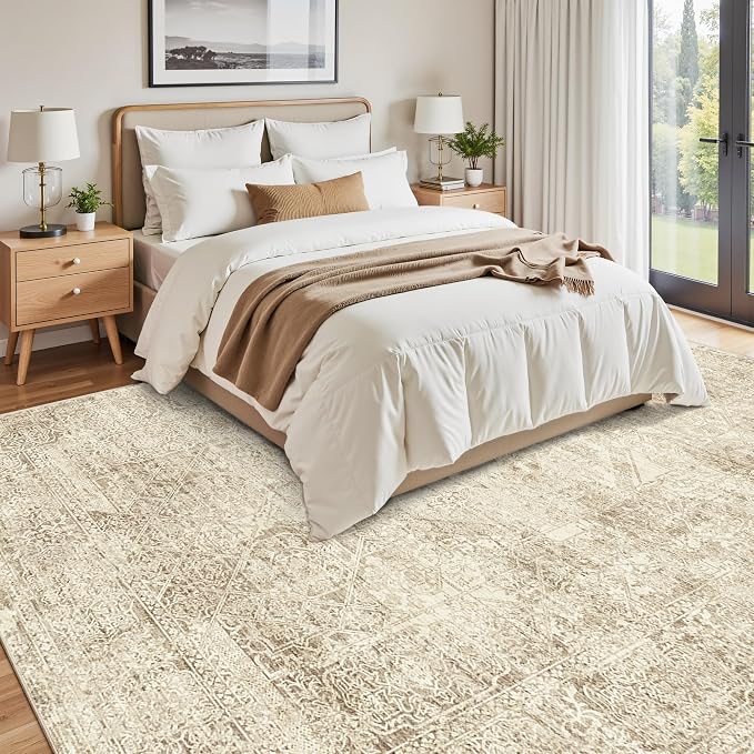 Soalmost Washable Area Rug 8x10, Large Soft Rugs for Living Room Vintage 8x10 Area Rugs for Bedroom Dining Room Floral Non-Slip Thin Brown