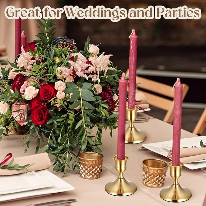 6PCS Brass Gold Taper Candle Holders Set, Vintage Metal Candlestick Holders for Table Centerpiece, Wedding Reception, Festive Christmas Mantel Decoration or Home Decor