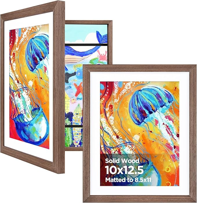 KINLINK 10x12.5 Kids Art Frame 2 Pack, Solid Wood Artwork Frames Changeable, Front Opening Hold 150 Pictures, Art Frames for Kids Artwork, 8.5x11 with Mat 10x12.5 without Mat, Picture Frames Brown Wood