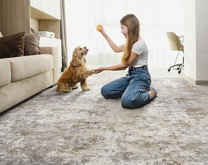 UERMEI 8x11 Area Rug Living Room Rugs Thickened - Washable Neutral Modern Abstract Soft Rug Indoor Floor No Slip Rug Carpet for Bedroom Under Dining Table Home Office Decor - Brown Grey