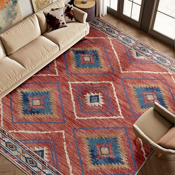 BESTSWEETIE Area Rug 7x9Rug Machine Washable Non-Slip Low Pile Print Pattern Western Rug for Living Room Bedroom Entryway Tribal Series-Red/Orange