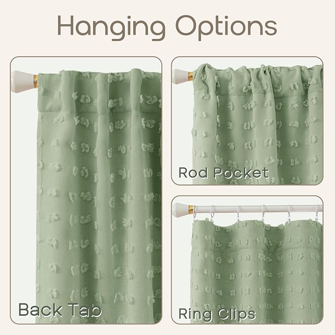 Sage Green Curtains Room Darkening Blackout Light Weight Boho Pom Pom Pattern Farmhouse Cottage Core Cottagecore Curtains for Bedroom Living Room 84 Inches Long 2 Panels