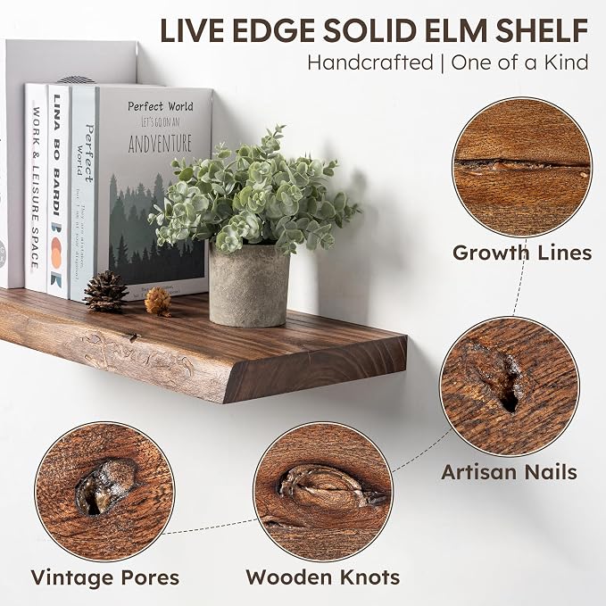 Live Edge Floating Shelves Set of 2, 32 Inch Solid Elm Wood Wall Shelves - Invisible Bracket Mount for Living Room, Bedroom, Kitchen, Bathroom | Vintage Rustic Decor