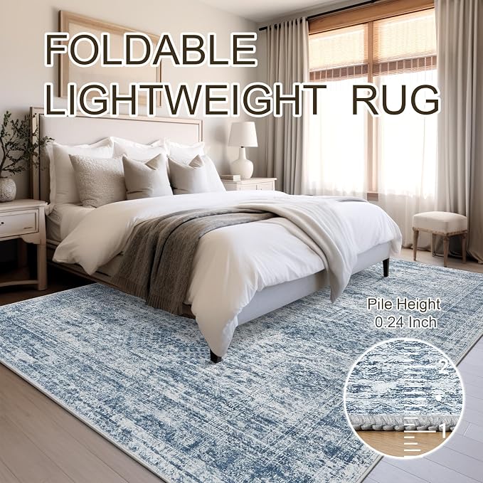 Soalmost 9x12 Area Rugs for Living Room, Non Slip Machine Washable Vintage Rugs, Low Pile Lightweight Large Rug for Bedroom, Dining Room, Home Office Blue
