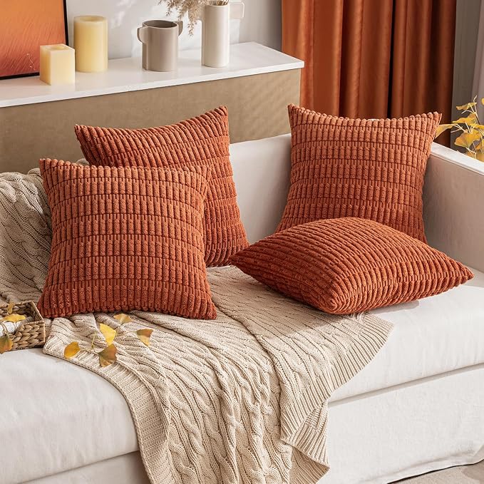 MIULEE Fall Pack of 2 Dark Rust Corduroy Decorative Euro Sham Pillow Covers 22x22 Inch Soft Boho Striped Throw Pillow Covers Modern Farmhouse Home Decor for Sofa Living Room Couch Bed