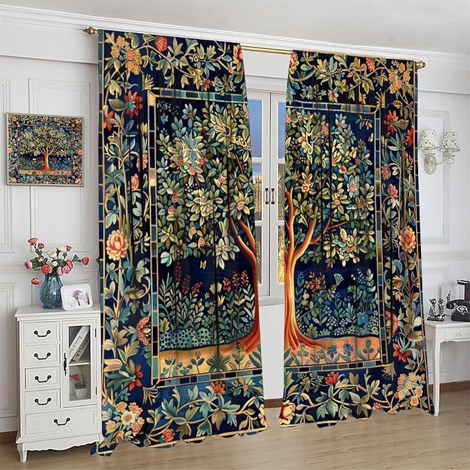 William Morris Flower Blackout Curtains, Rustic Colorful Forest Tree of Life Floral Window Drapes, for Bedroom Living Room 63" W X 72" L