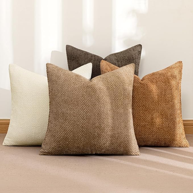MIULEE Pack of 4 Brown Couch Throw Pillow Covers 16x16 Inch Soft Decorative Chenille Pillows Farmhouse Accent Cushions for Boho Fall Home Decor Sofa Bedroom Living Room