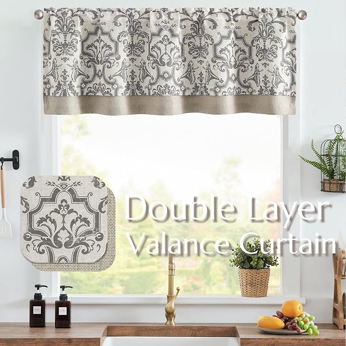 jinchan Linen Valance Curtain for Kitchen Vintage Damask Floral Blackout Valance Double Layer Gray Small Window Curtain for Living Room Bedroom Bathroom 18 Inch Rod Pocket 1 Panel Grey on Beige