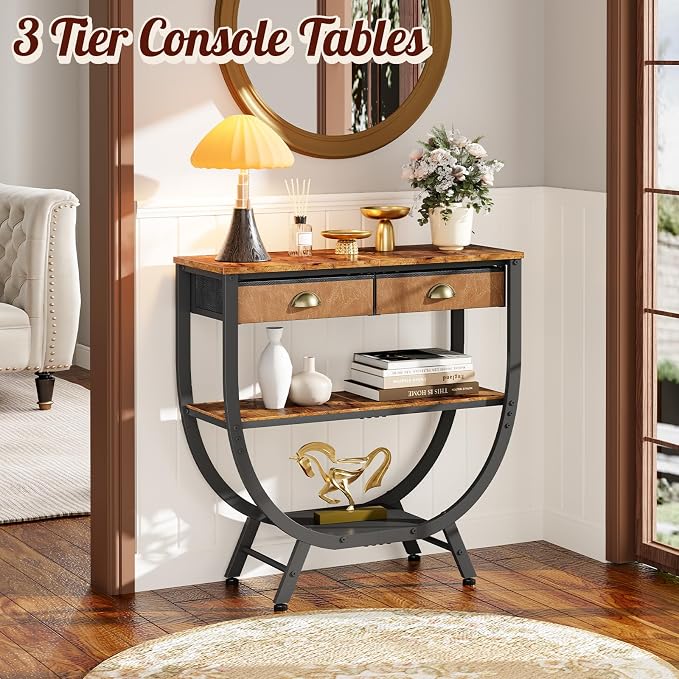 Console Entryway Table with 2 Drawers, 31.5" Height Sofa Table Behind Couch with 3 Tier Storage Shelves，Industrial TV Stand Accent Furniture for Hallway Corner Living Room Bedroom Entry Way Home Decor