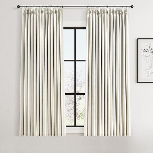 Joywell Pinch Pleated 100% Blackout Short Curtains for Bathroom 45 Inches Long 2 Panels Set Thermal Insulated Soundproof Natural Linen Pleated Curtains for Loft Basement Window Treatments 40x45 Cream