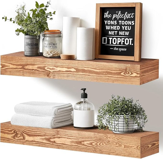 24x3x7 inch Floating Shelves Wall Mounted - Set of 2 Wood Rustic Solid Wood Wall Shelf - Heavy Duty Decorative Fireplace Mantel for Living Room, Bedroom, Bathroom, Kitchen