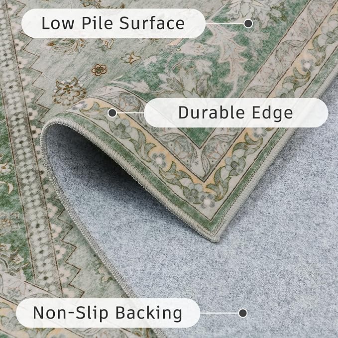 DCX Green 5x7 Area Rug, Machine Washable Non Slip Stain Resistant Vintage Rug for Living Room, Bedroom, Playroom, Soft Low Pile Large Nursery Carpet