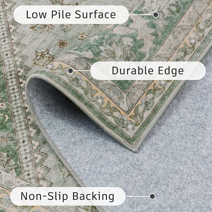 DCX Green 3x5 Entryway Rug, Machine Washable with Non Slip Backing Vintage Floral Rug Soft Low Pile, Stain Resistant for Entryway, Kitchen, Bathroom, Front Door