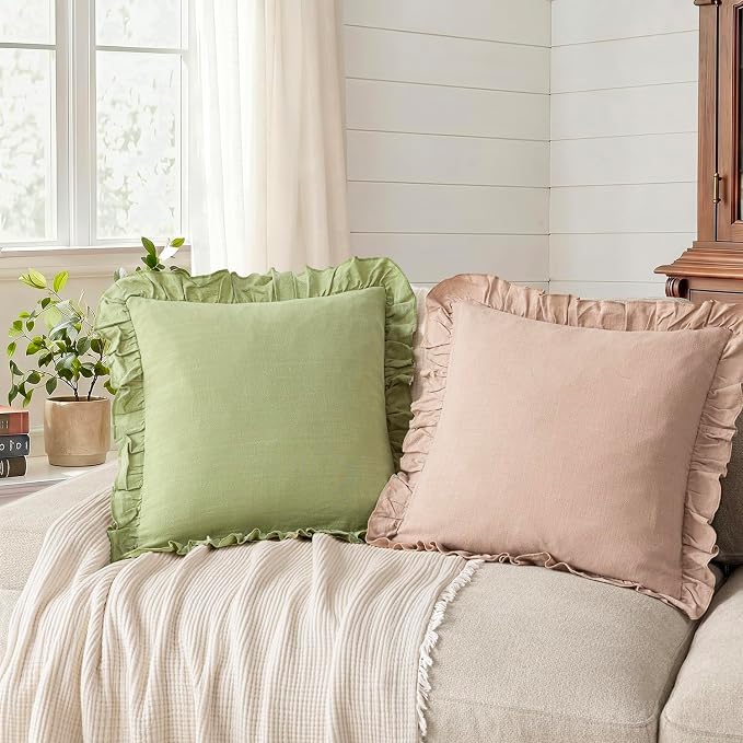 Foindtower Set of 2 Decorative Linen Fringe Ruffle Throw Pillow Covers Soft Boho Farmhouse Cushion Cover Cozy Accent Retro Pillowcase for Couch Sofa Bed Living Room Home Decor,18×18 Inch,Light Green