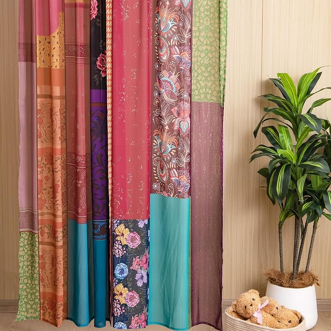 Oudain 2 Pairs Indian Old Silk Blend Sari Curtains 82 x 82 Inches Indian Imitation Patchwork Curtains Vintage Silk Blend Sari Multi Color Handmade Drapes Home Livingroom Bedroom Decor Curtain Panels
