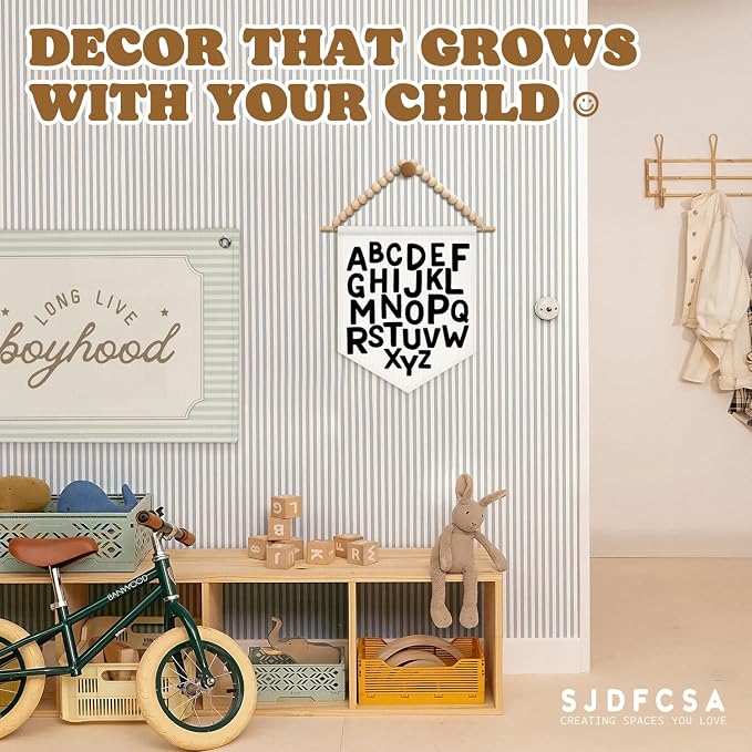 SJDFCSA Alphabet Classroom Wall Art Decor, Kids Room Decor, ABC Alphabet Educational Boho Nursery Wall Hanging Display Pennant Flag for Kids Boy Girl Nursery Toddler Room Bedroom Playroom Classroom