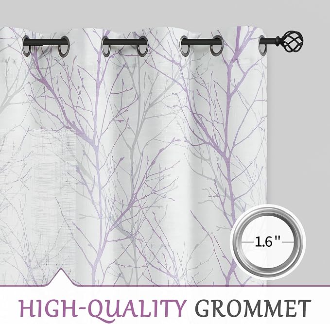 FMFUNCTEX Linen Semi Sheer Curtains for Bedroom, Lilac White Curtains 96 Inches Long for Living Room, Grey Tree Branch Patterned Curtain Light Filtering Farmhouse Window Drapes, Grommet Top 2 Panels