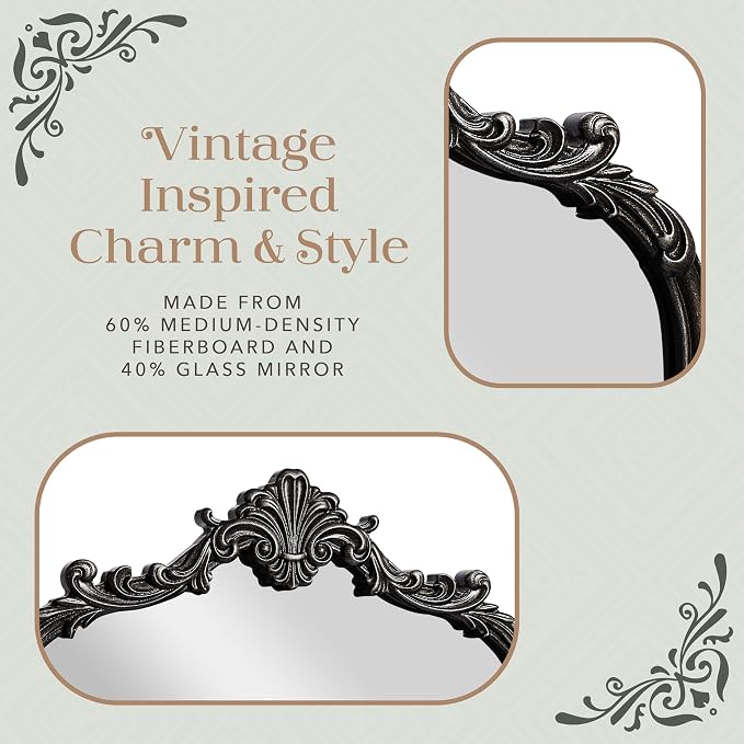 Wylde Iris English Estate Carved Arch Wood Wall Mirror, Mirror for Entryway, Living Room, Bathroom, Distressed Black, 20.4x33