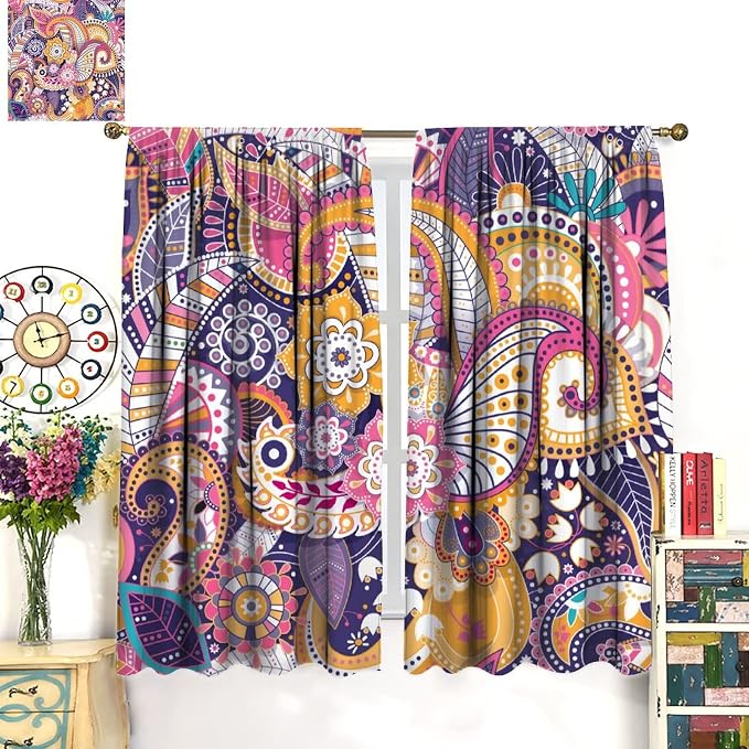 Boho Curtains, Abstract Pelis Boho Brown Vintage Floral Ethnic Tribal Blossom Print, Blackout Curtains for Bedroom Living Room72X63 Inch