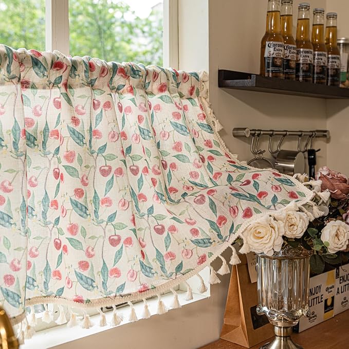 Deeprove Valance Kitchen Curtain Linen Look 18 Inch for Living Room Bedroom Window Treatment Fruits Red Cherry Print Privacy Light Filtering Vintage Rustic Farmhouse Cottagecore Rod Pocket 1 Panel